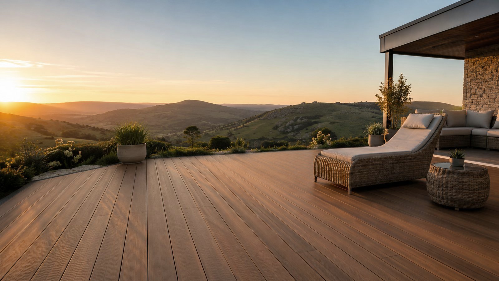 Deck WPC amplio con vista a las sierras de Tandil al atardecer